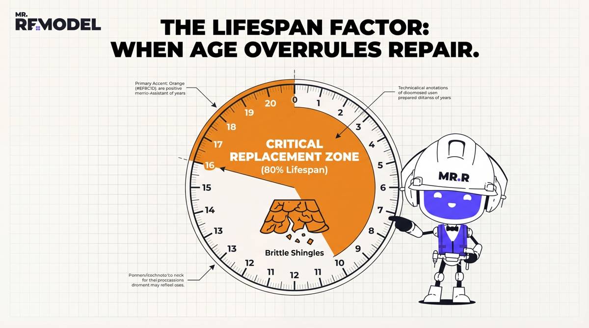 A technical infographic showing the "80% Lifespan" rule, illustrating why roofs reaching 16–20 years of age should be replaced rather than repaired following storm damage.